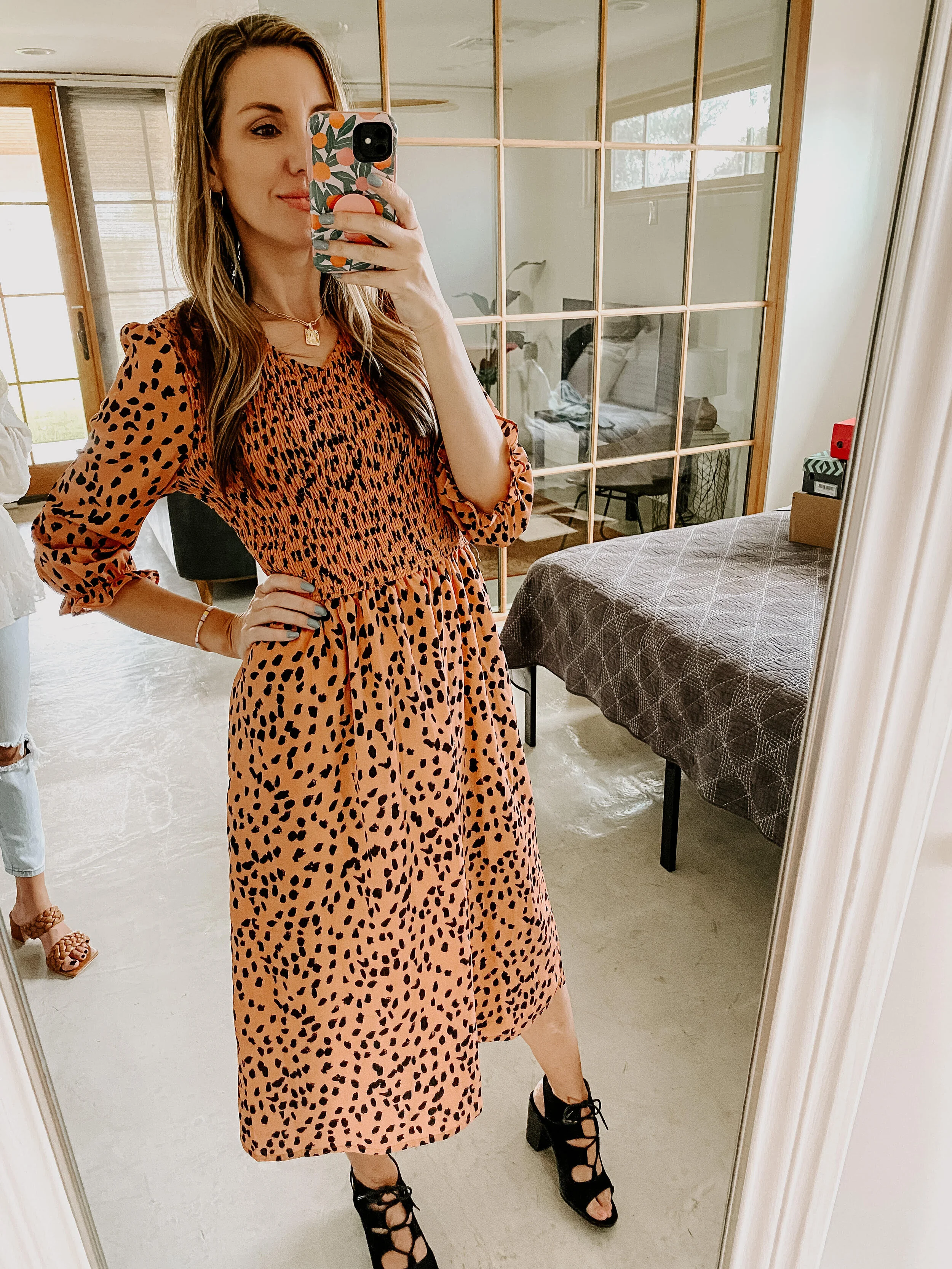 Leopard Smocked Floral Midi Dress with Pockets