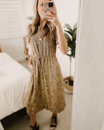 Half Sleeve Waisted Midi A-line Dress