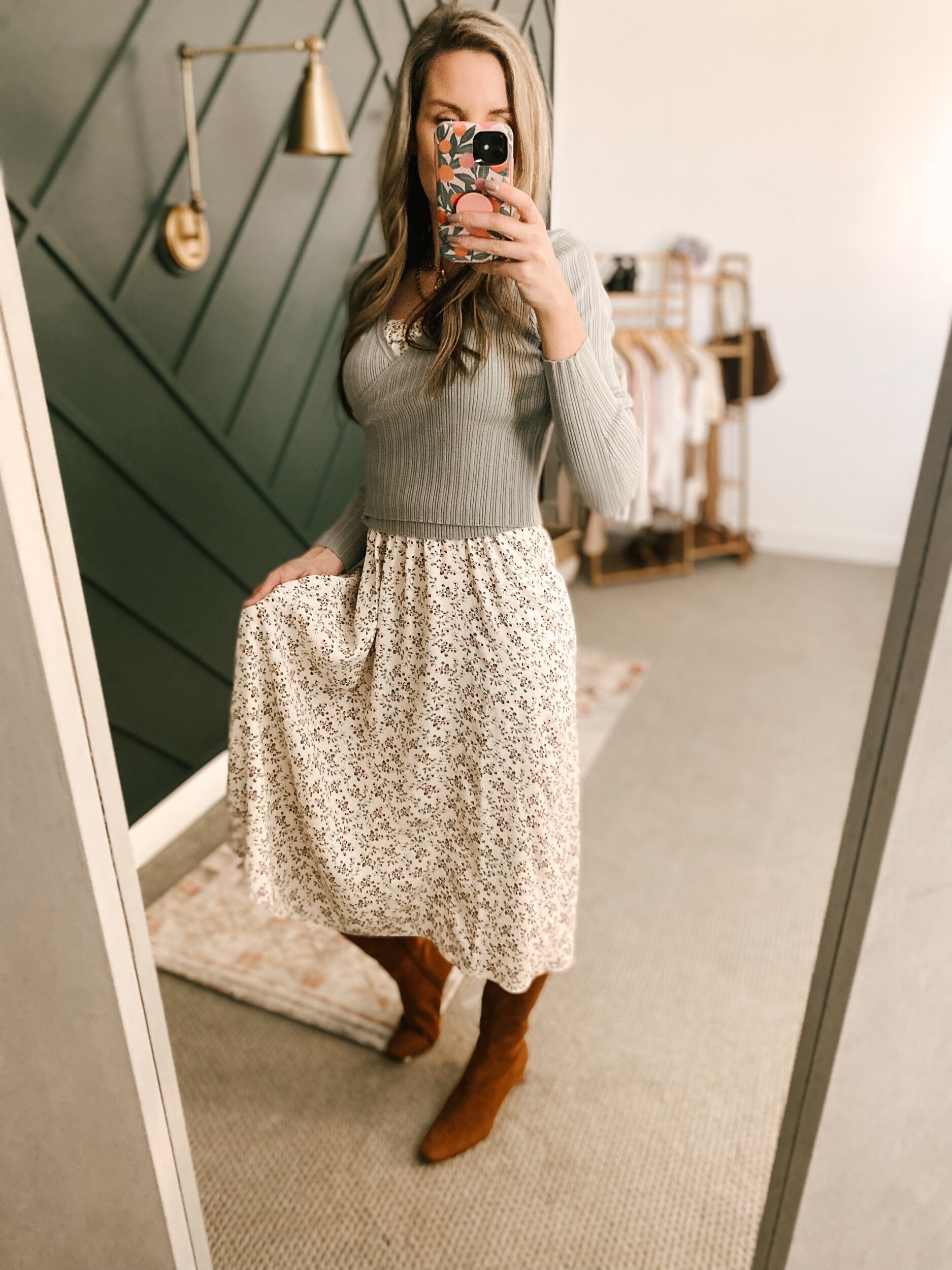 Ivory Floral Print Smocked Midi Dress