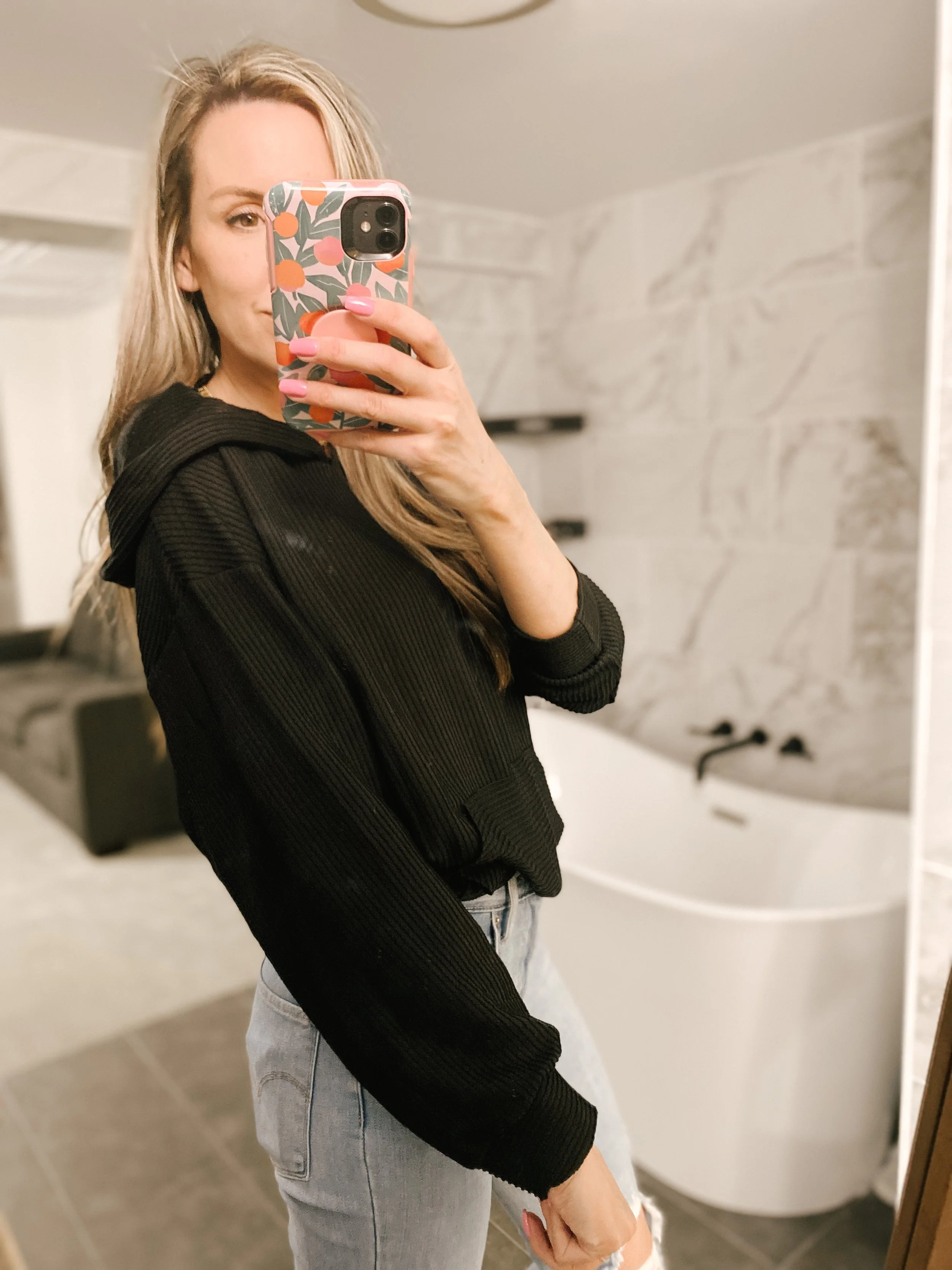 Ribbed Pullover Hoodie Sweatshirt