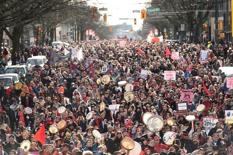 Thousands march with hand drums through downtown Vancouver for Missing and Murdered Indigenous Women