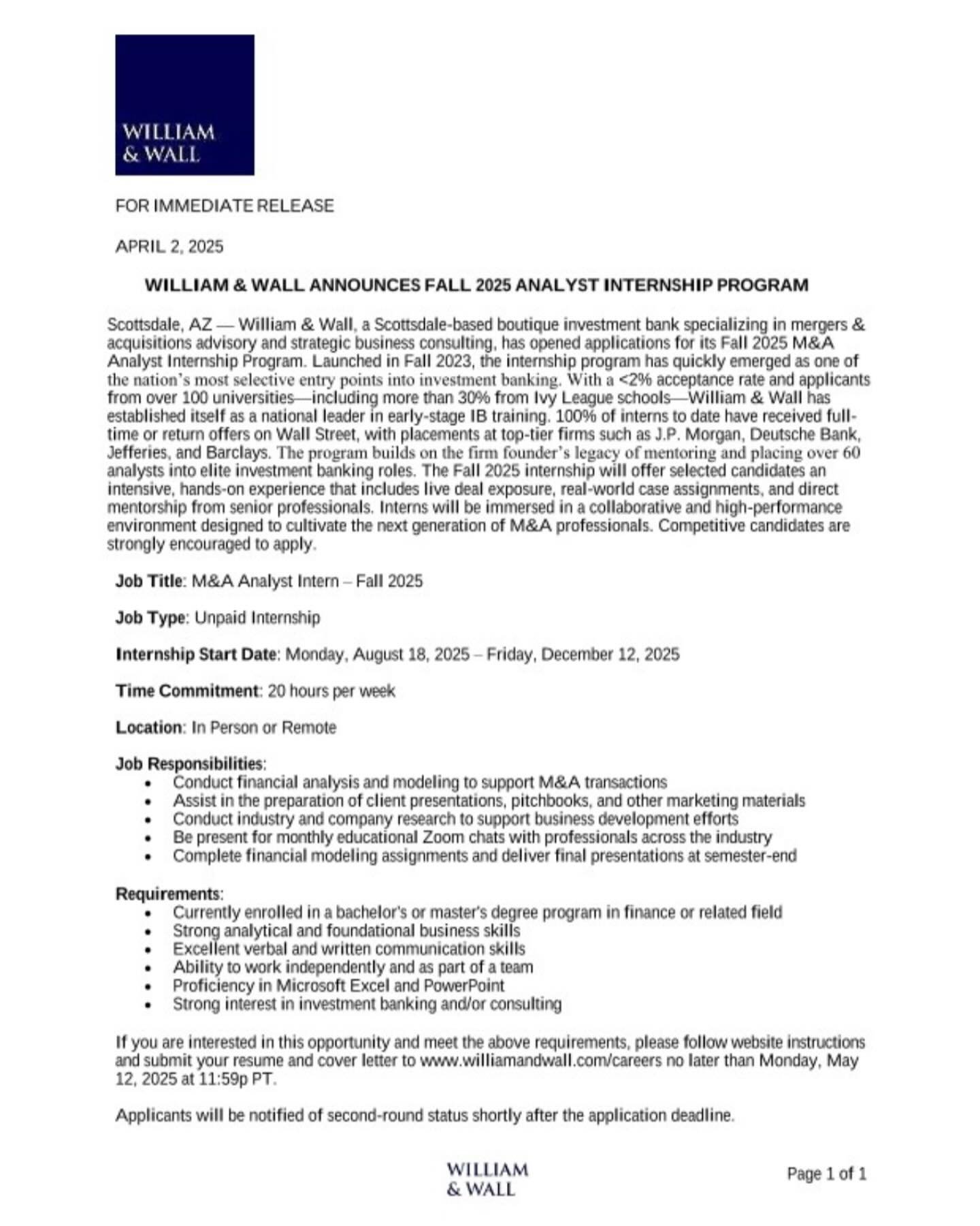 Reminder that Fall 2025 Investment Banking M&A Analyst Intern Applications are due on Monday, May 12th. Go to williamandwall.com/careers to apply.
.
.
.
#WilliamAndWall #CorporateValuation #Macroeconomics #FederalSpending #BusinessValuationExpert