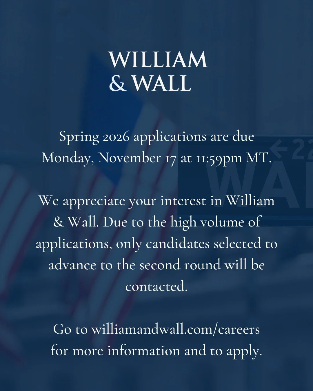 Reminder that the application deadline for William &amp; Wall&rsquo;s Spring 2026 M&amp;A Analyst Internship is approaching. This program offers immersive training, mentorship, and skill-building designed to prepare students for the world of investme