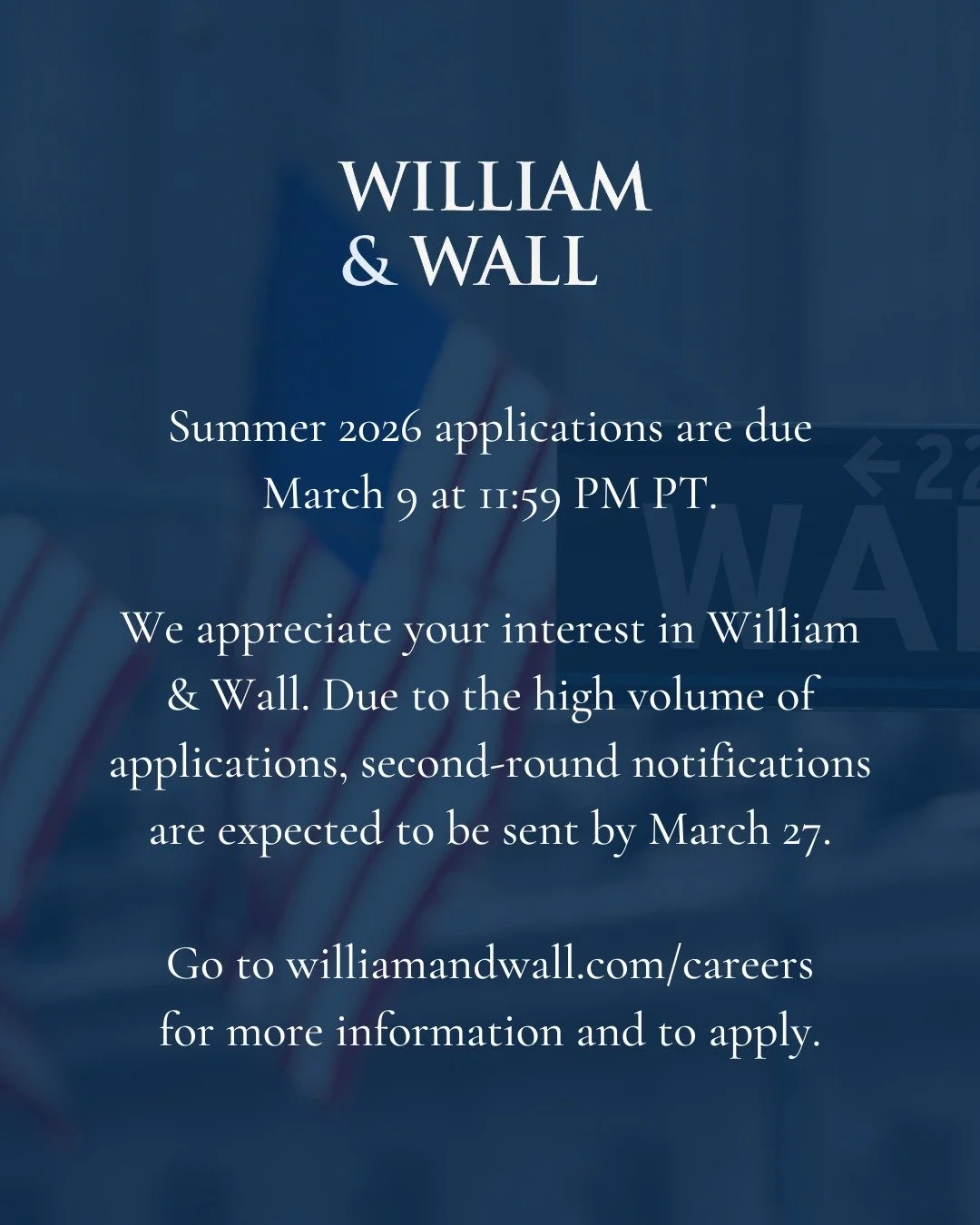 Reminder that the application deadline for William &amp; Wall&rsquo;s Summer 2026 M&amp;A Analyst Internship is approaching. This program offers immersive training, mentorship, and skill-building designed to prepare students for the world of investme