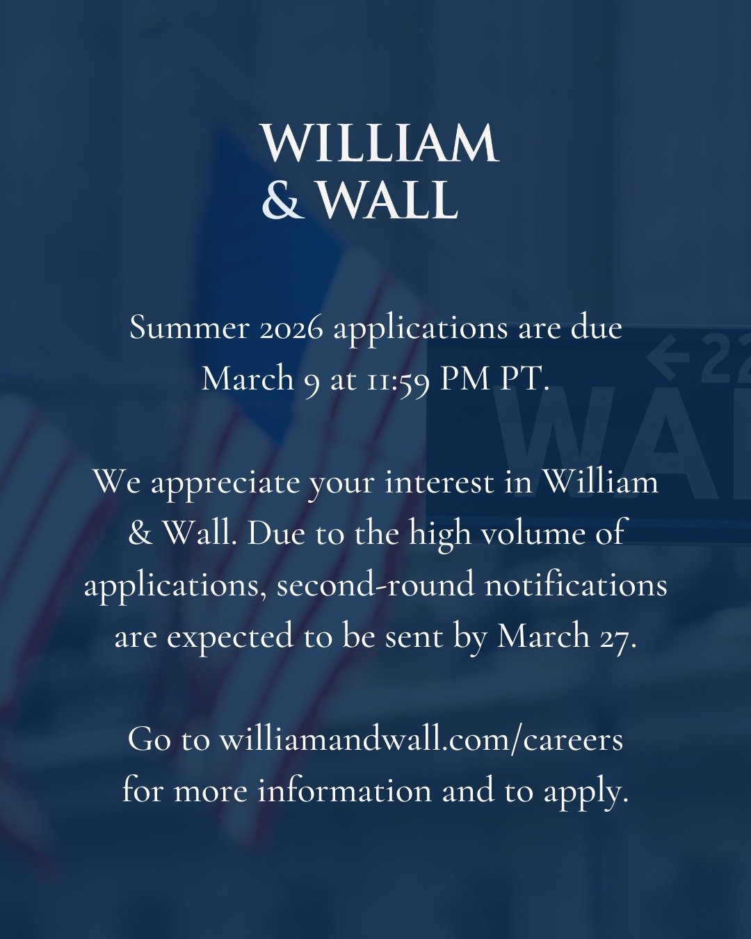 Reminder that the application deadline for William &amp; Wall&rsquo;s Summer 2026 M&amp;A Analyst Internship is approaching. This program offers immersive training, mentorship, and skill-building designed to prepare students for the world of investme