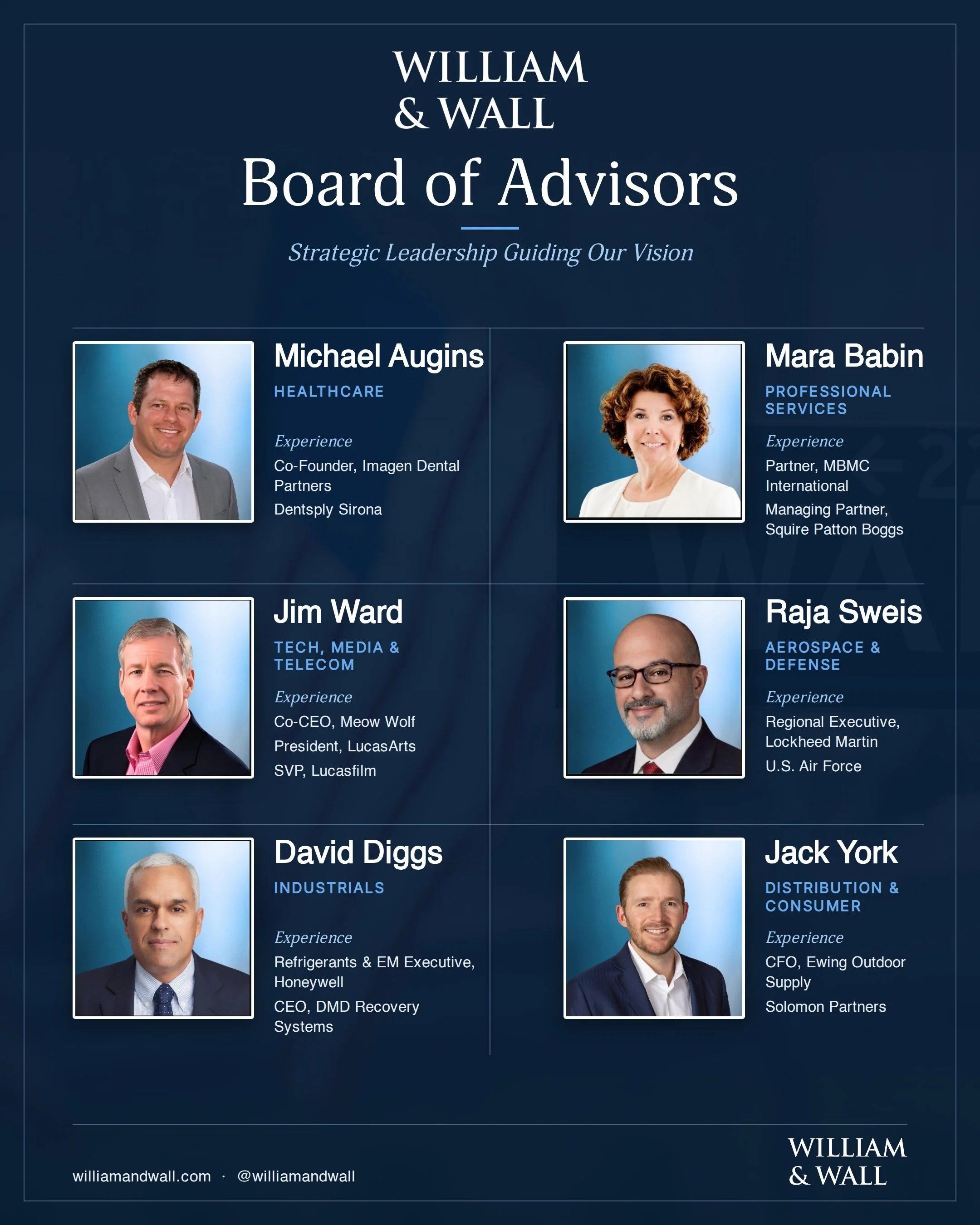 Our advisors bring decades of operating, investing, legal, and executive experience across healthcare, professional services, technology and media, aerospace &amp; defense, industrials, and distribution.

Their collective perspective strengthens the 