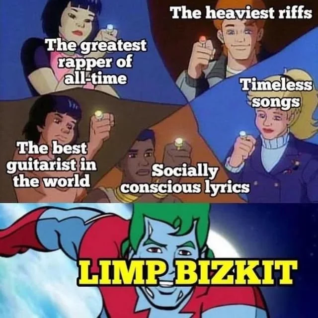 Animation still featuring four women each holding a ring, labeled as 'The greatest rapper of all time', 'The heaviest riffs', 'The best guitarist in the world', and 'Timeless songs'. Below, a cartoon character with green hair and a red cape is labele