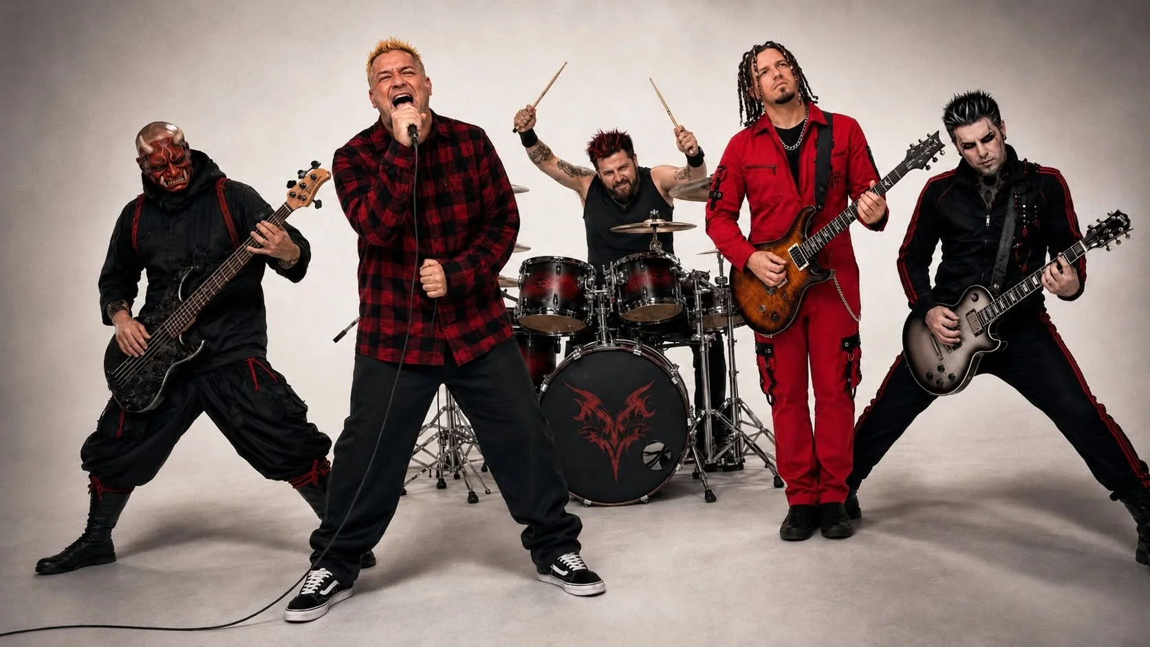 A five-member band performing in a studio, with two guitarists, a bassist, a drummer, and a vocalist. The vocalist is singing into a microphone, the guitarist and bassist are playing their instruments, and the drummer is hitting the drums. They are d