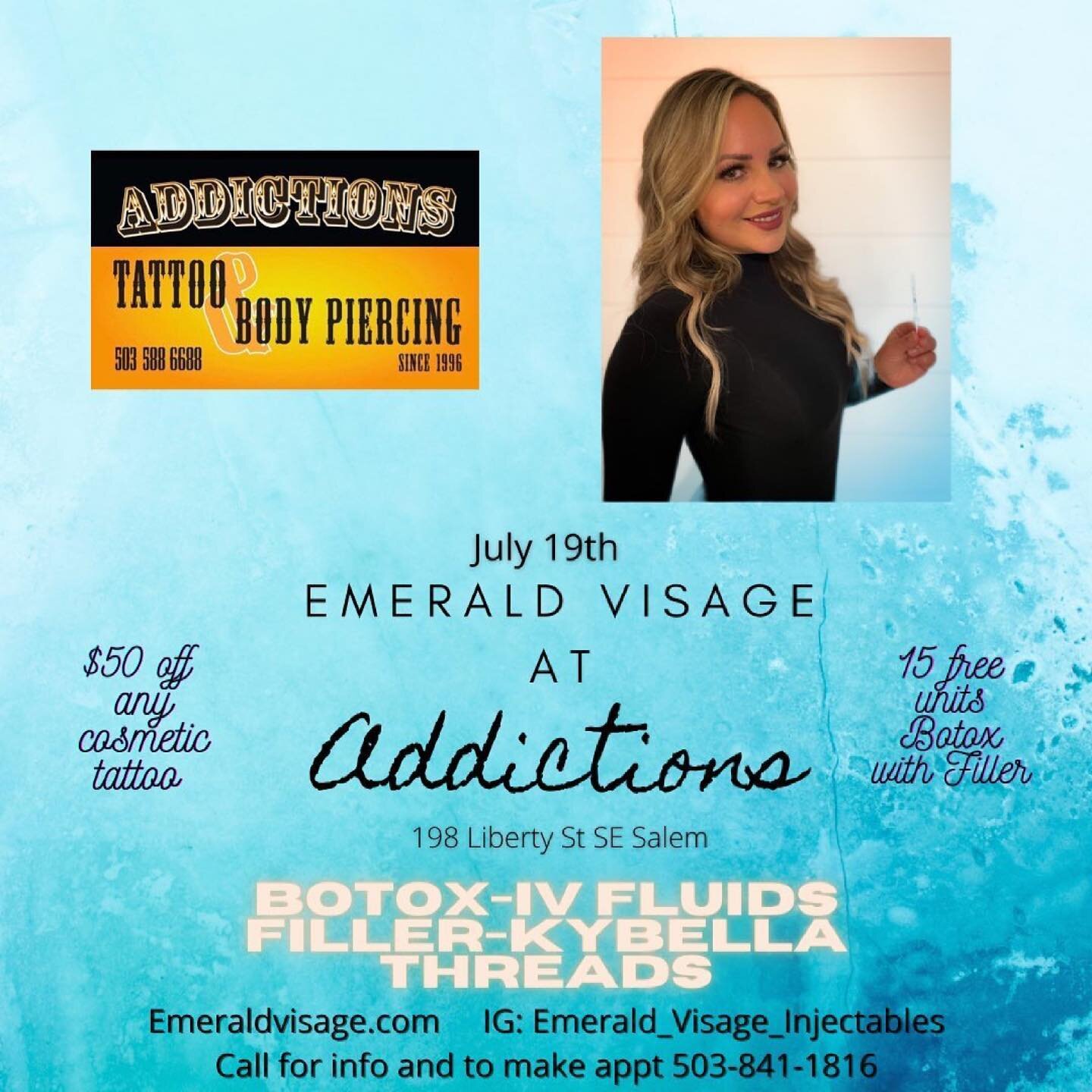 @emerald_visage_injectables will be a featured guest @addictionssalem on July 19th.  To make an appt contact me. This is a great opportunity for Salem and Eugene clients to get in to see me without having to drive to Portland 🌹  @feelfreetobrows is 
