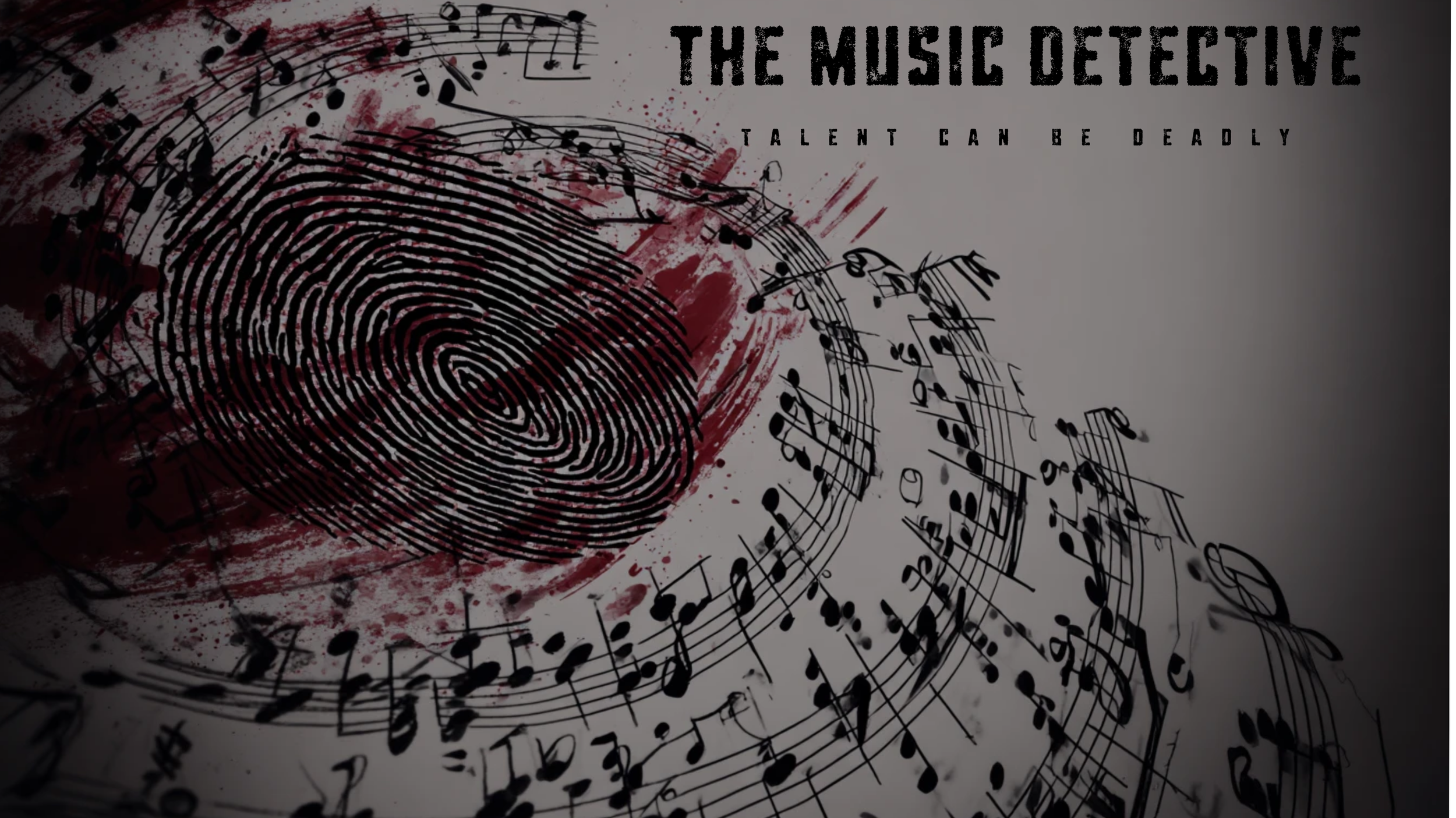 A music-themed graphic featuring a large fingerprint surrounded by musical notes and a splatter of blood. Text reads 'The Music Detective' and 'Talent Can Be Deadly.'