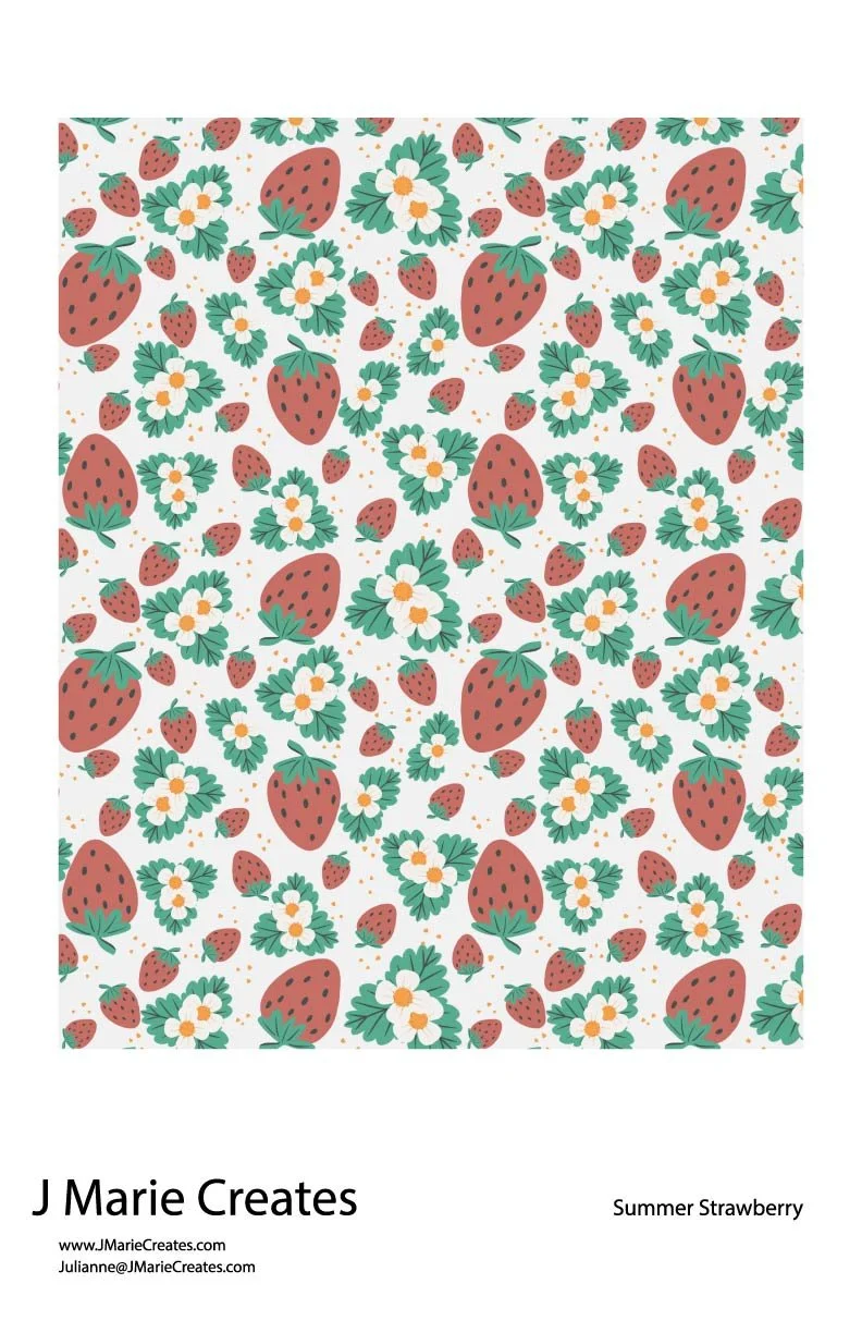 A pattern with strawberries, white flowers with yellow centers, and green leaves on a white background, labeled 'Summer Strawberry' by J Marie Creates.