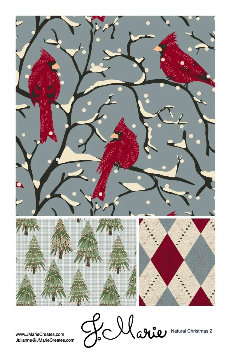 A collage of three Christmas-themed patterns: the top pattern shows red cardinals perched on snow-covered tree branches, the bottom left pattern features green pine trees with ornaments on a plaid background, and the bottom right pattern displays a r