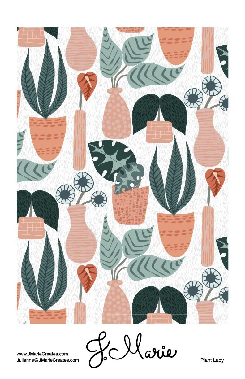 Pattern of potted plants with leaves and flowers in muted pink, green, and beige tones, with the signature 'J. Marie' at the bottom.