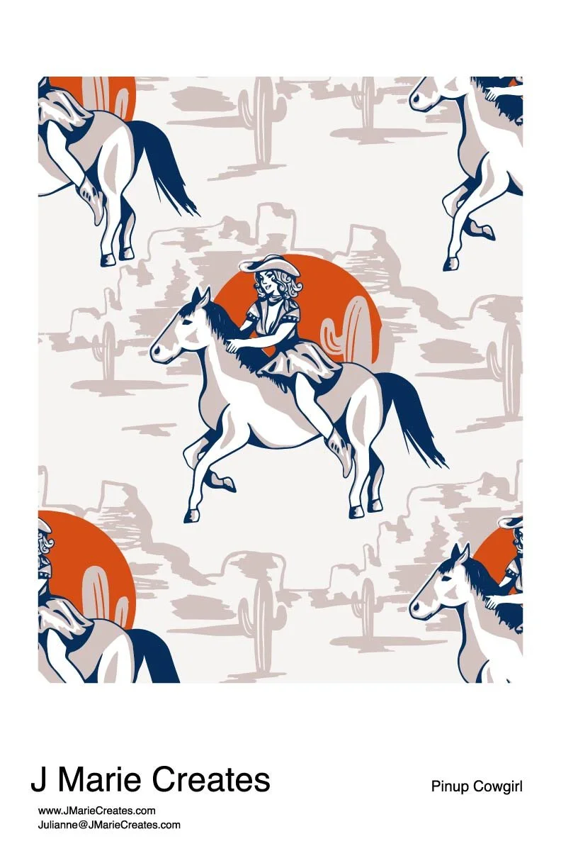 A pattern with illustrations of women riding horses, with a stylized sunset background and abstract elements.