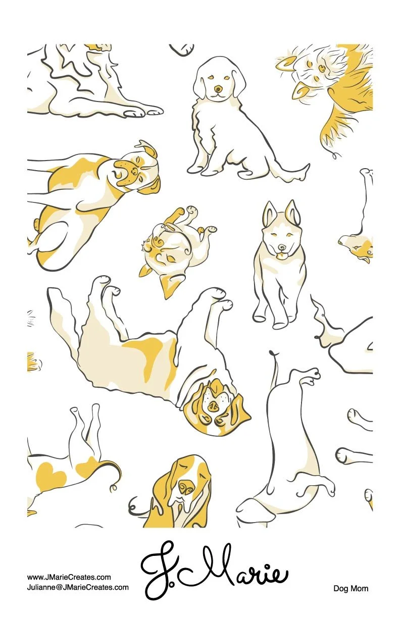 Illustration of multiple dogs in various poses, with some lying down, sitting, or standing, in a simple line drawing style with shades of yellow and white. The image includes a signature reading 'J. Marie' and the labels 'Dog Mom' and contact info at