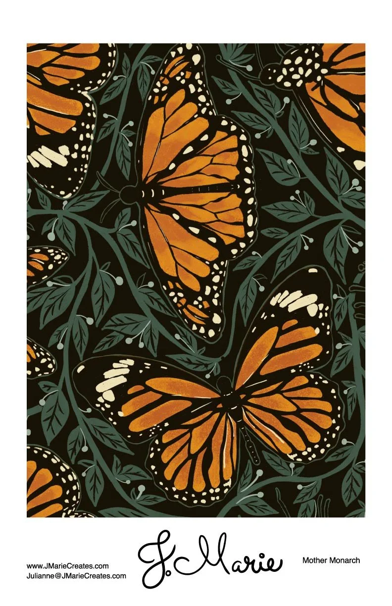 Illustration of orange monarch butterflies with black and white markings on dark background and green leaves.