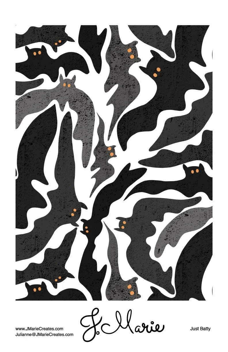 Silhouette of multiple black bats with orange eyes flying against a white background, with the artist's signature and website at the bottom.