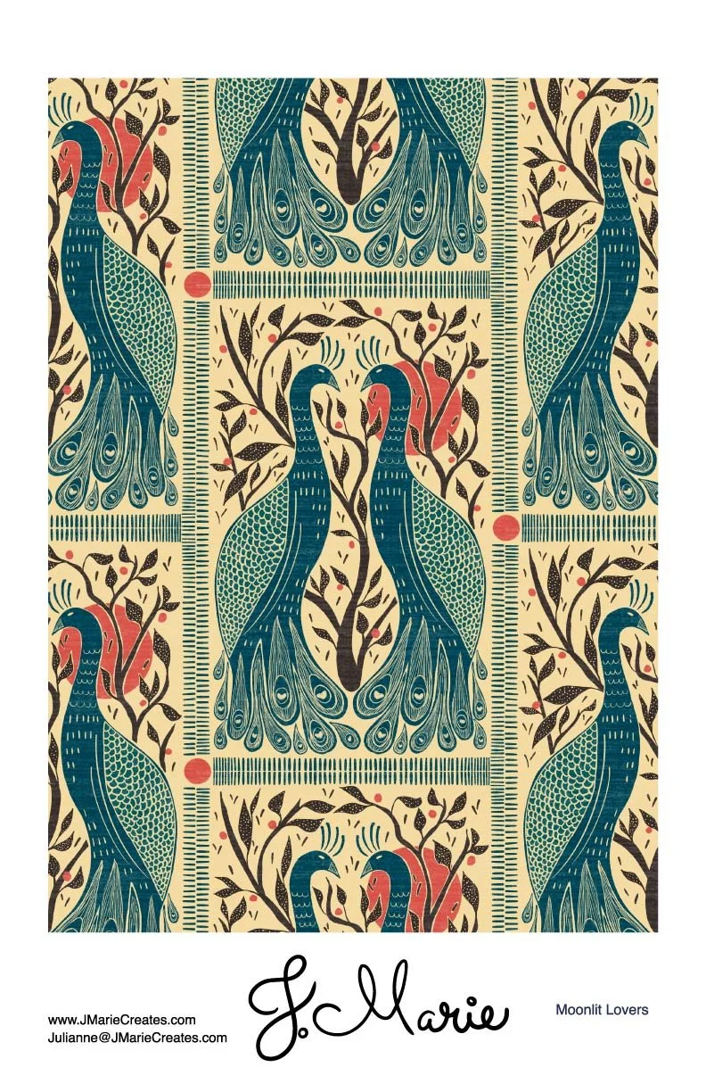 Pattern featuring stylized peacocks with outstretched necks surrounded by branches with leaves and berries, in shades of blue, teal, and black with red accents.