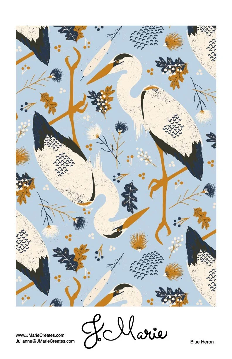 Pattern with blue herons, autumn leaves, and branches on a light blue background.