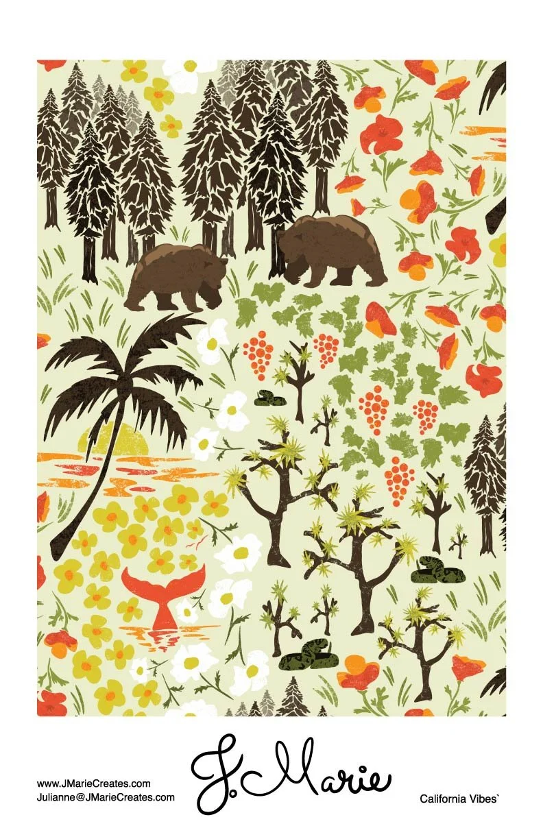 Illustration of a nature scene with trees, bears, flowers, and a whale tail emerging from water, with the signature "J. Marie" and the text "California Vibes" at the bottom.