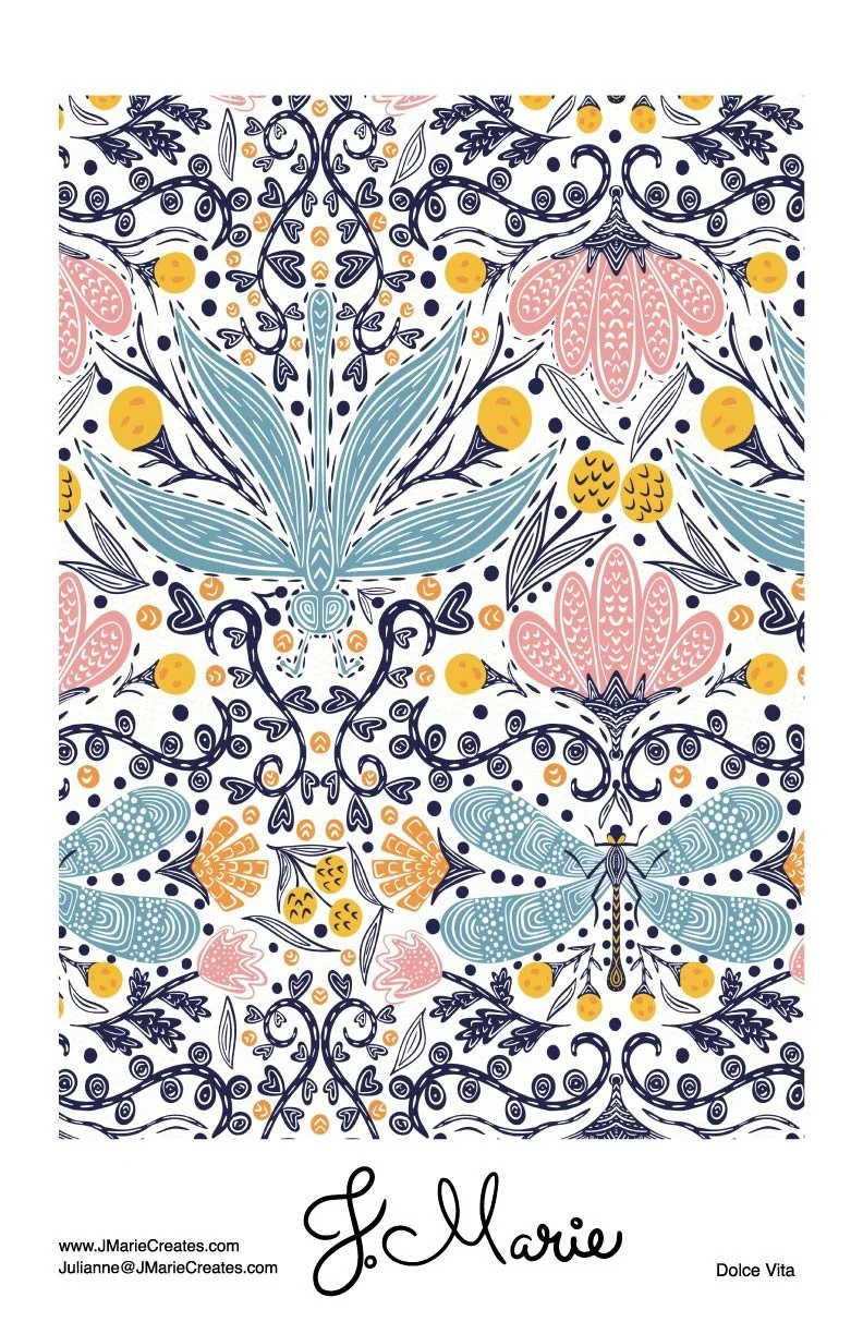 A decorative, symmetrical floral and insect pattern featuring dragonsflies, butterflies, and various abstract floral elements in navy, pink, yellow, and light blue colors.