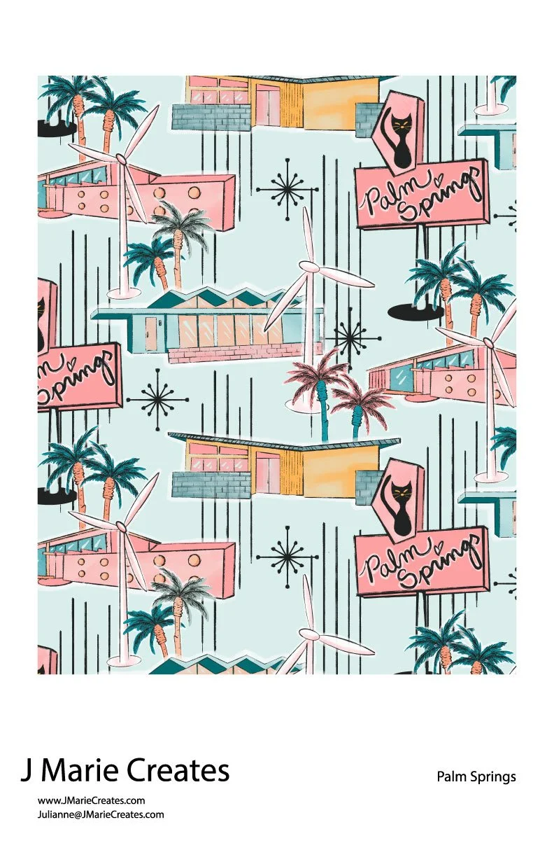 Pattern featuring palm trees, modern buildings, wind turbines, and signs with a cat logo and "Palm Springs" text.