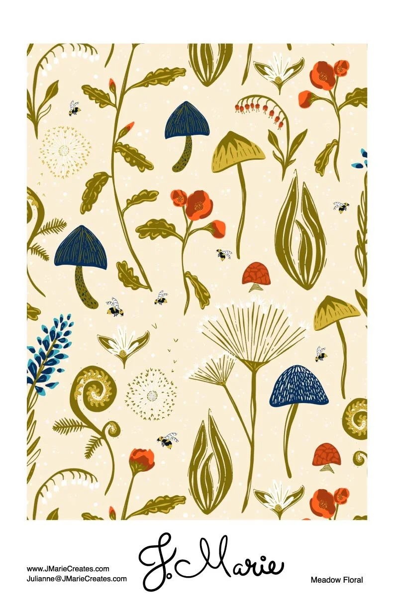 Floral pattern featuring mushrooms, leaves, and flowers with bees and butterflies on a light beige background, labeled 'J. Marie' and 'Meadow Floral'.