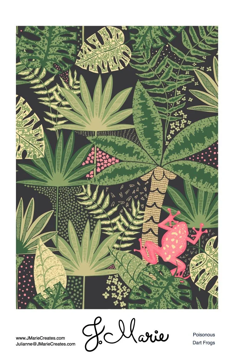 A vibrant illustration of various tropical leaves, including monstera and palm leaves, with a pink poison dart frog sitting on a leaf.