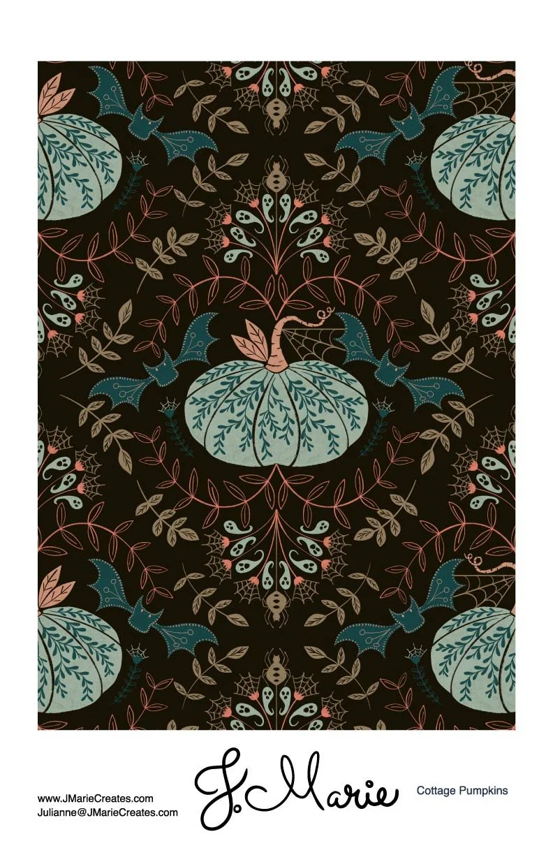 Pattern with pumpkin, bats, leaves, spiders, and spider webs in a Halloween-themed design, with a signature and text indicating it is by J. Marie, titled 'Cottage Pumpkins.'