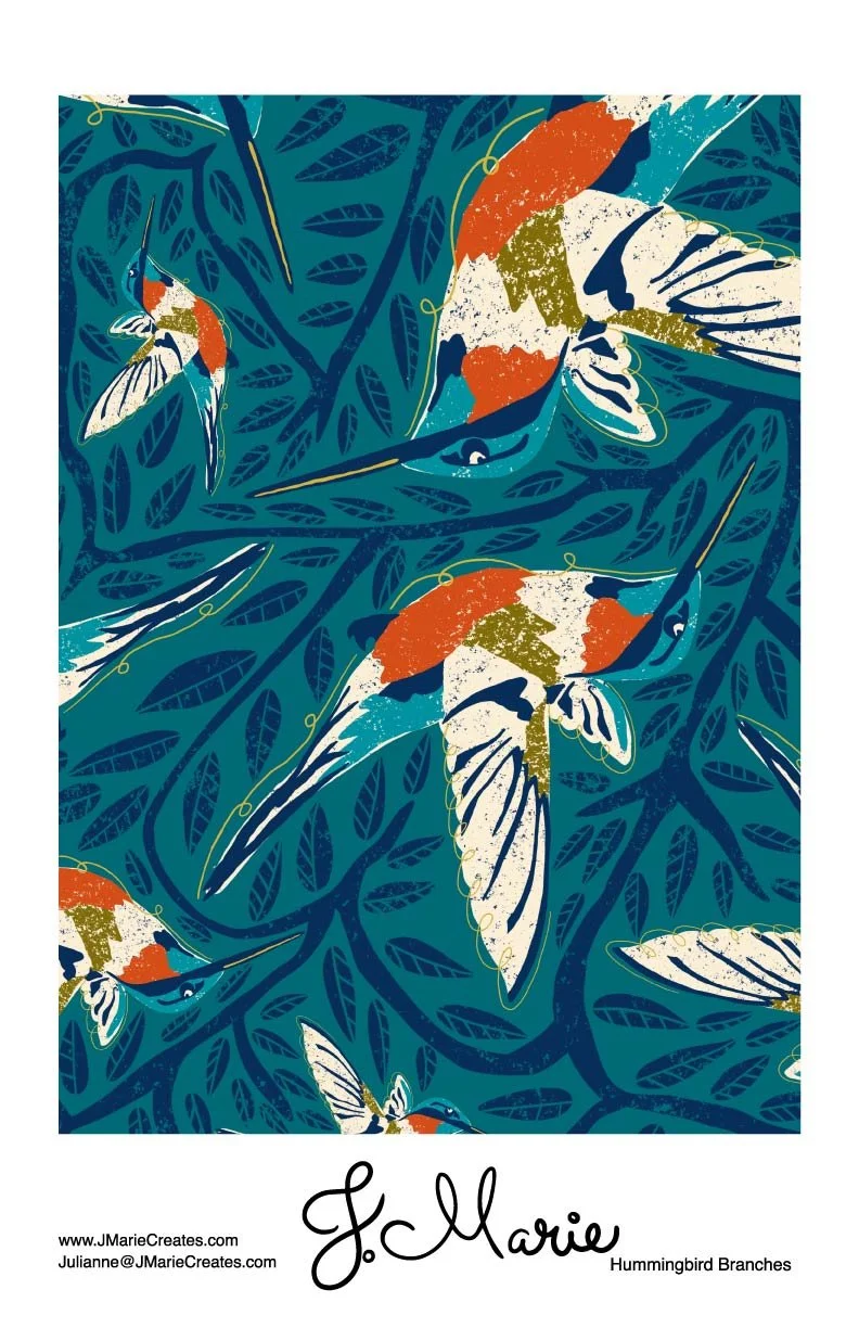 Pattern of hummingbird branches with hummingbirds in flight and perching, featuring blue, orange, green, and white colors.