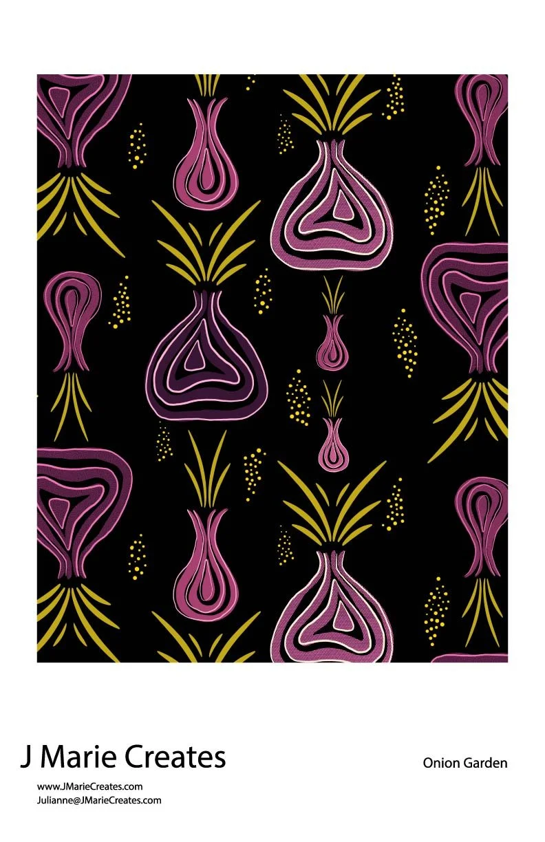 Pattern of stylized onions in purple and yellow on a black background.