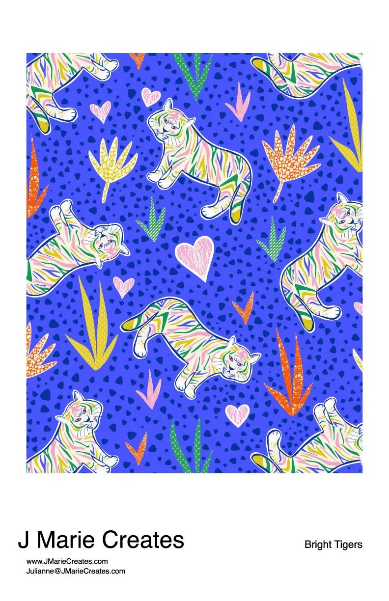 Pattern featuring colorful, stylized tigers, hearts, and plants on a bright blue background.