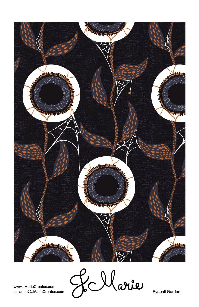 Pattern featuring stylized eyeglasses with black centers, orange accents, surrounded by leaves and spiderwebs on a dark background.