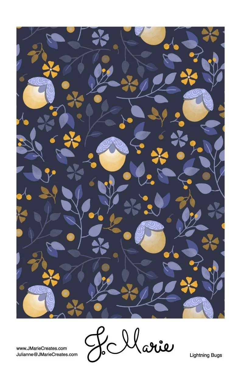 Pattern with illustrations of apples, flowers, and leaves on a dark background, signed J. Marie, titled "Lightning Bugs."