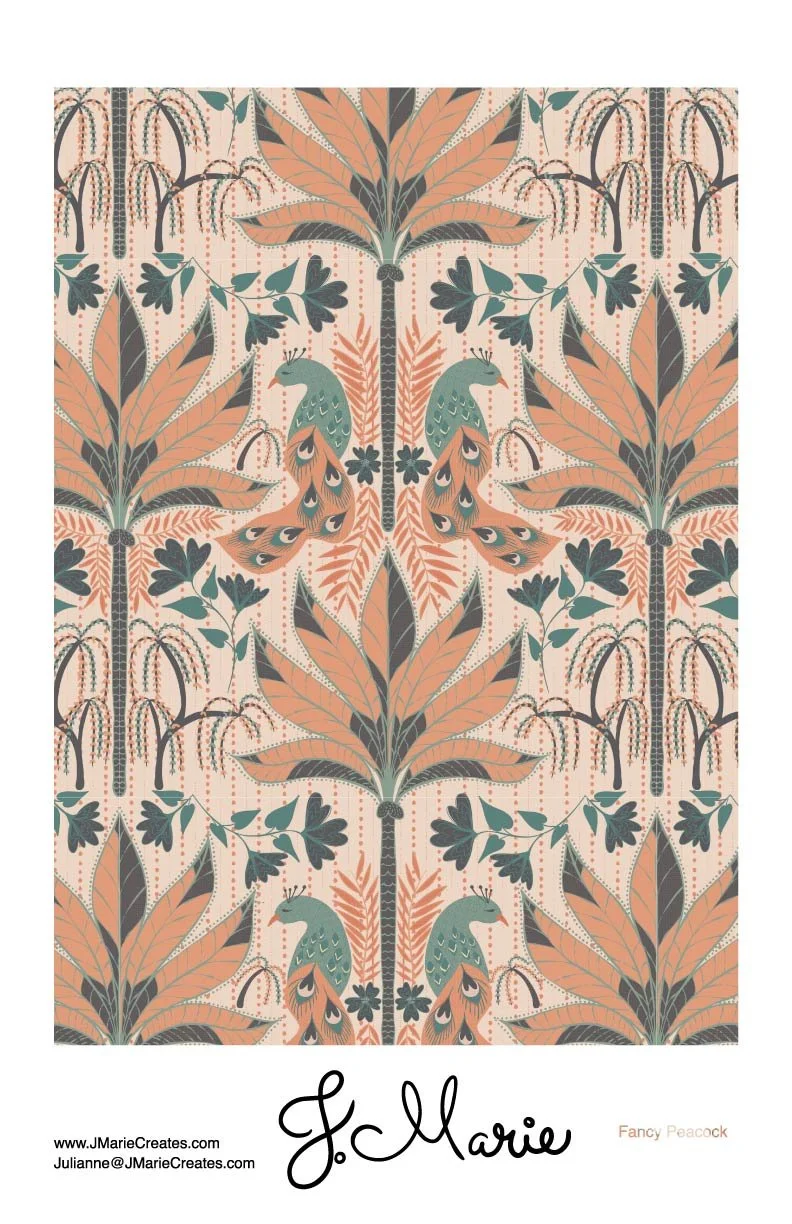 Pattern featuring stylized peacocks and large botanical leaves in shades of peach and dark blue.