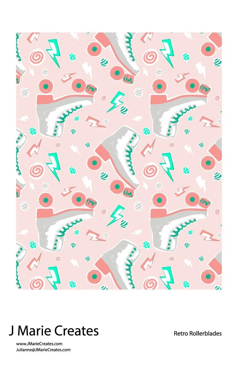 Pattern of pink and white roller skates with teal laces, surrounded by teal lightning bolts, spirals, and small circles on a pink background. The cover page has text that reads "J Marie Creates," "Retro Rollerblades," and contact information.