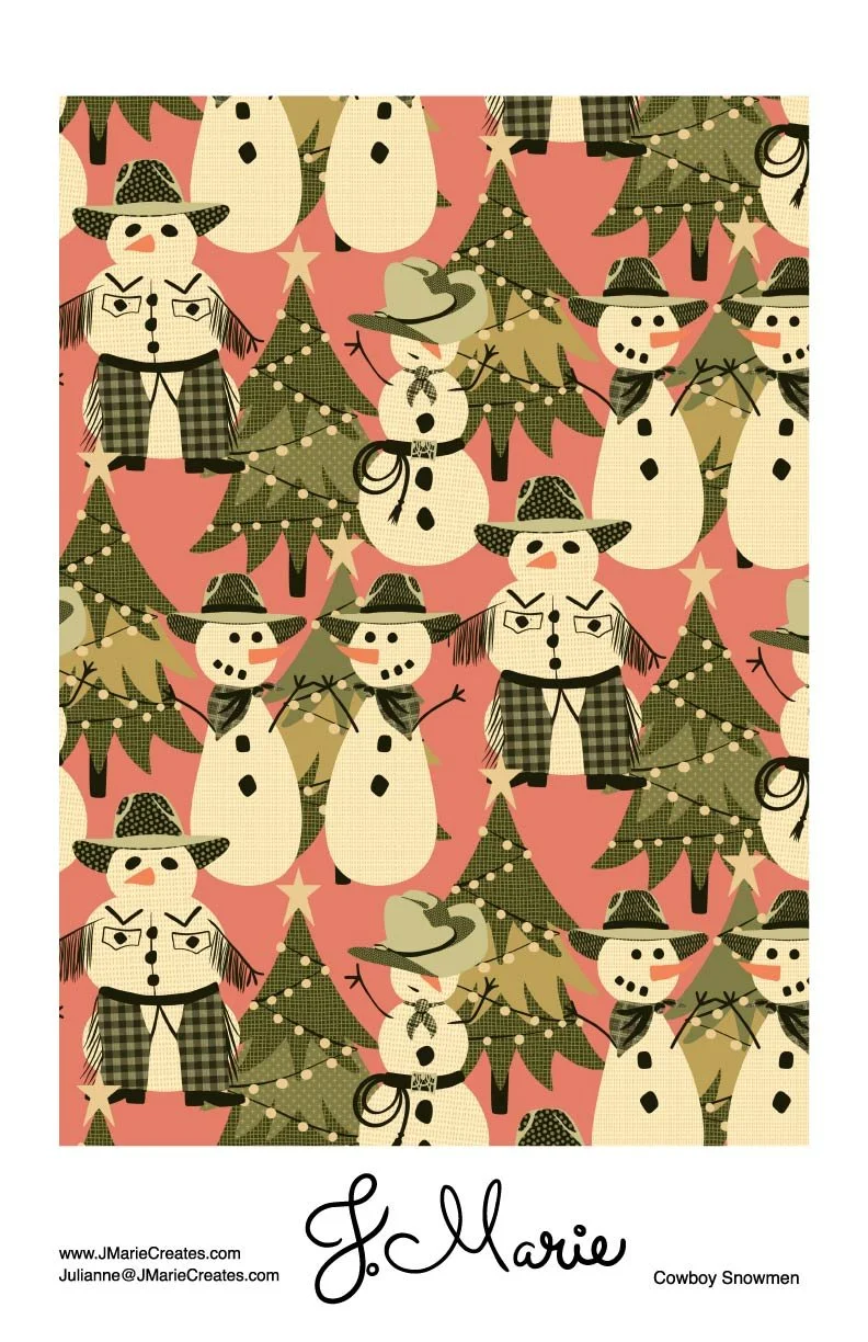 Pattern featuring cartoon cowboys and snowmen with Christmas trees and stars on a pink background.