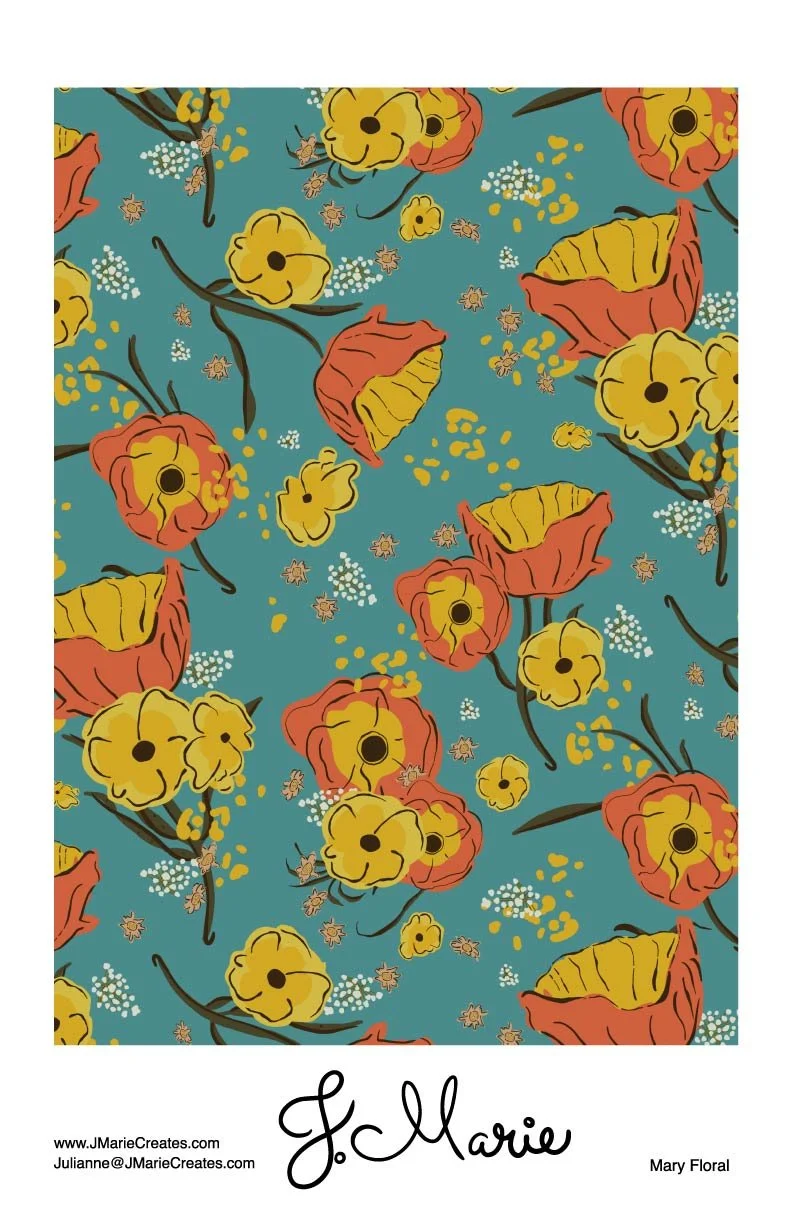A floral pattern with yellow and orange flowers and small white and yellow accents on a teal background.