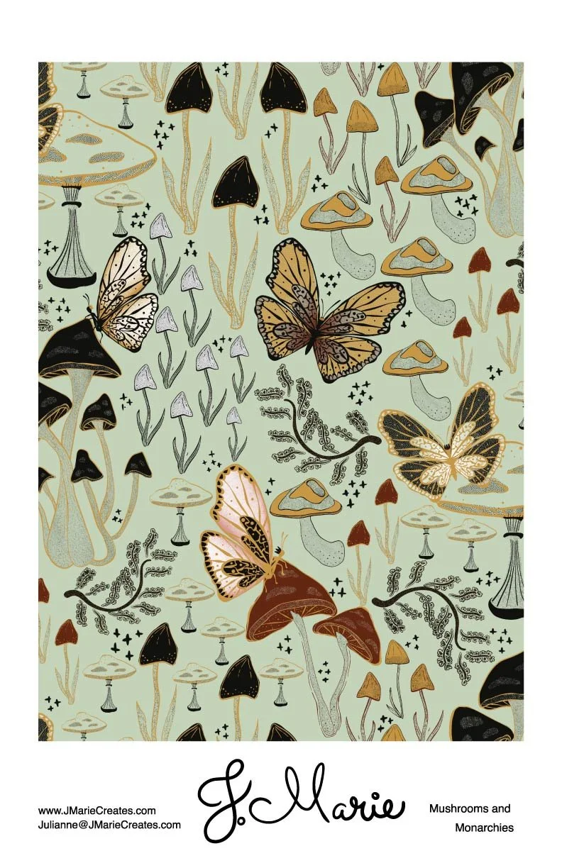 Pattern featuring mushrooms, butterflies, and plants with the text "J. Marie" and "Mushrooms and Monarchies" at the bottom.