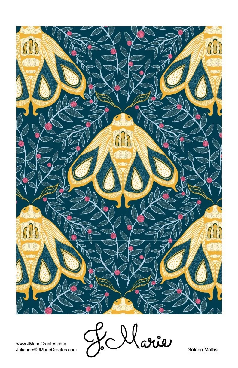 Pattern featuring yellow and black golden moths with light-colored wings and pink berries on blue branches.