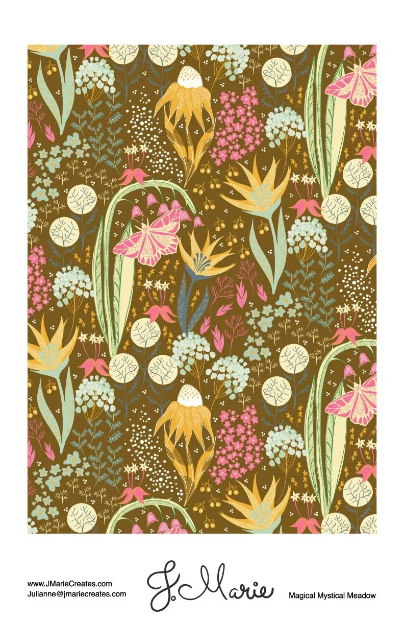 Floral pattern with pink, yellow, and white flowers and green leaves on a brown background. Includes a butterfly and a ladybug, with a signature and website at the bottom.