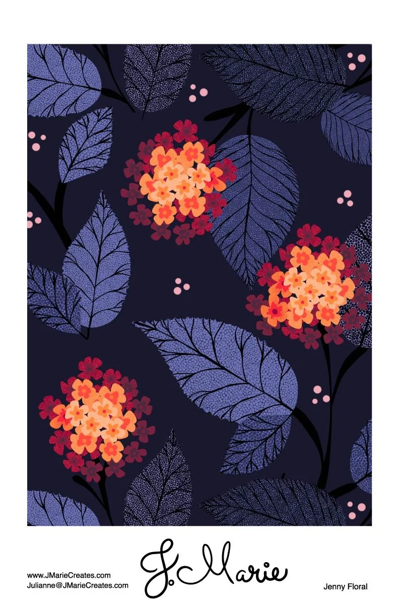 Illustration of purple leaves and red-orange flowers on a dark background with pink dots and a signature reading J. Marie.