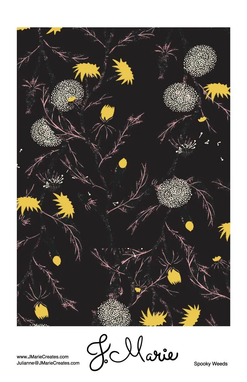 A dark background with illustrations of yellow and white flowers and plants, and the text "J. Marie" and "Spooky Weeds" at the bottom.