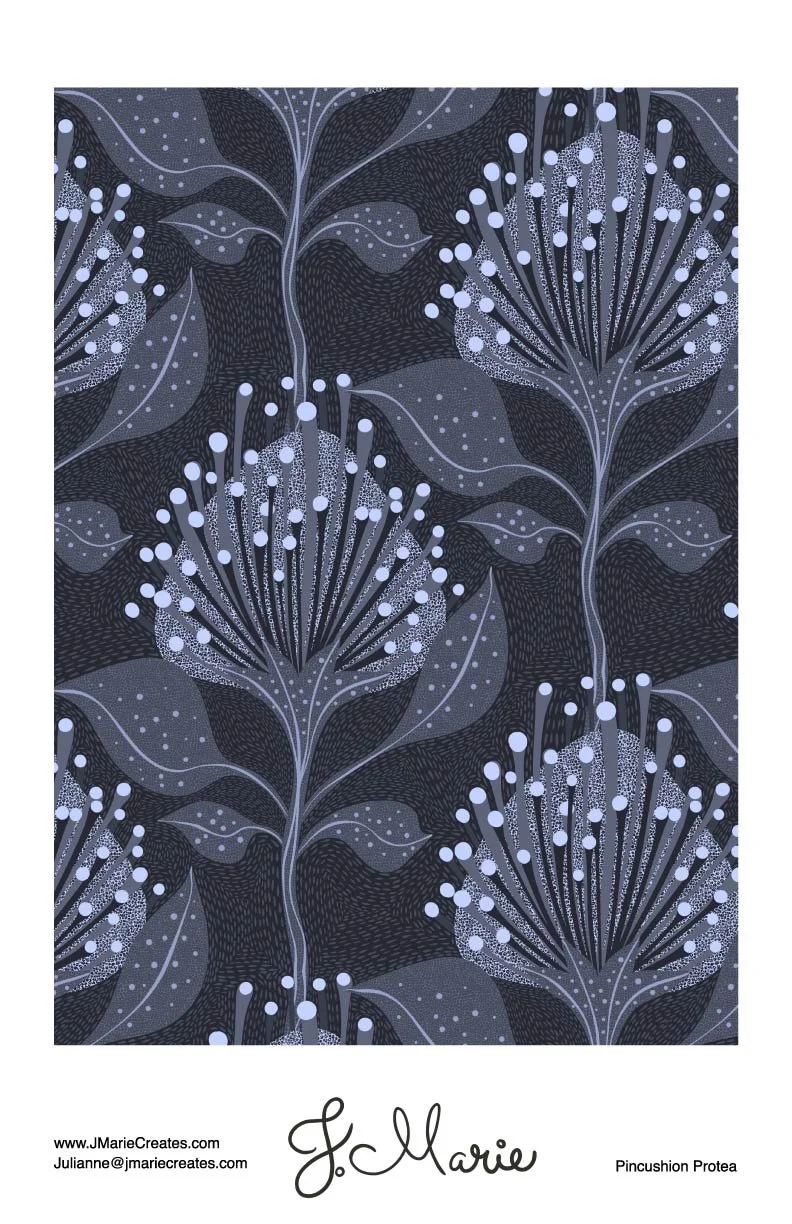 A dark-patterned fabric with abstract floral designs in light purple and white, featuring large, rounded floral shapes with radiating lines and dots, and large stylized leaves.