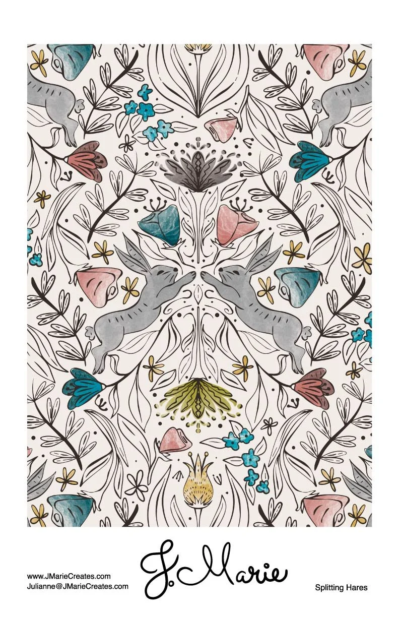 Illustration of split hares with floral and botanical elements in a symmetrical pattern, with some elements colored in shades of blue, pink, and green.