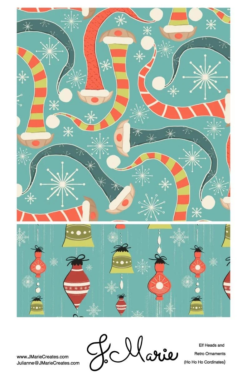 Collection of Christmas-themed patterns including elf heads with striped hats on a blue background, and retro ornaments and snowflakes.
