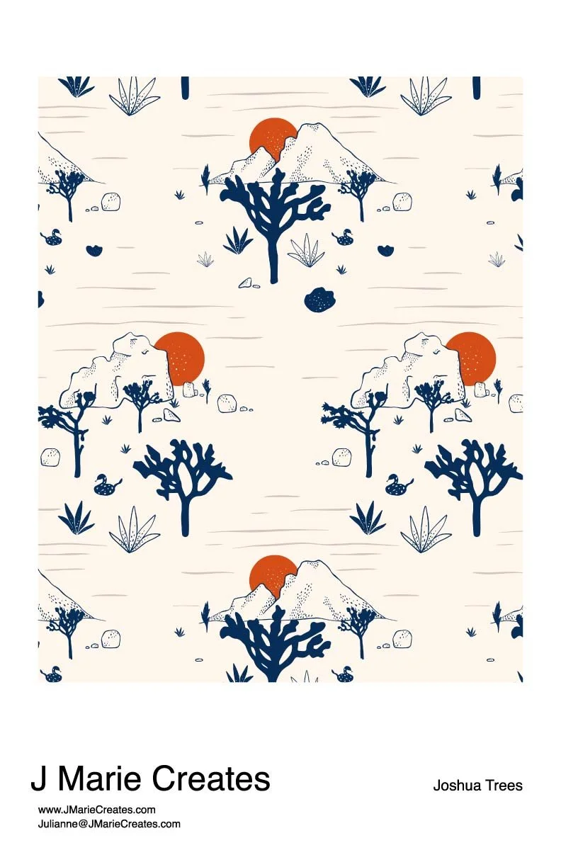 Pattern featuring Joshua trees, mountains, desert plants, cacti, and rocks, with a sunset or sunrise in the background.