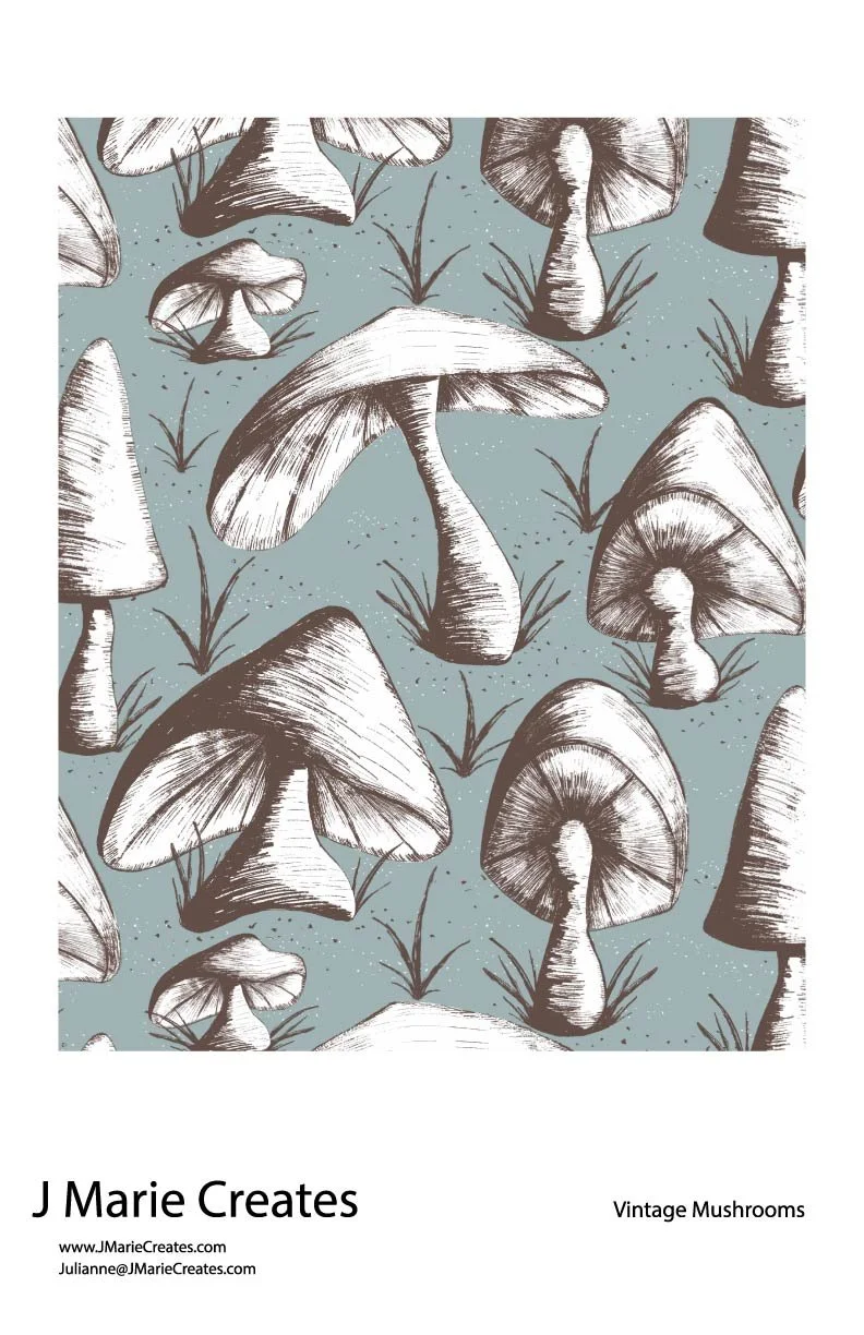 Pattern of vintage black and white mushrooms on a light blue background, with some grass.