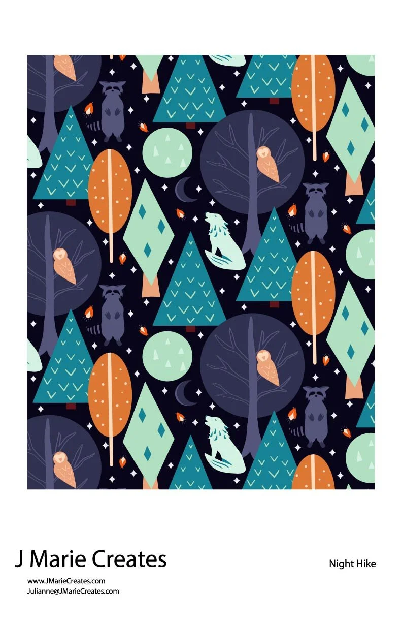 A night-time woodland scene with stylized trees, owls, raccoons, a fox, a wolf, a crescent moon, and stars, in shades of teal, orange, cream, and dark blue.
