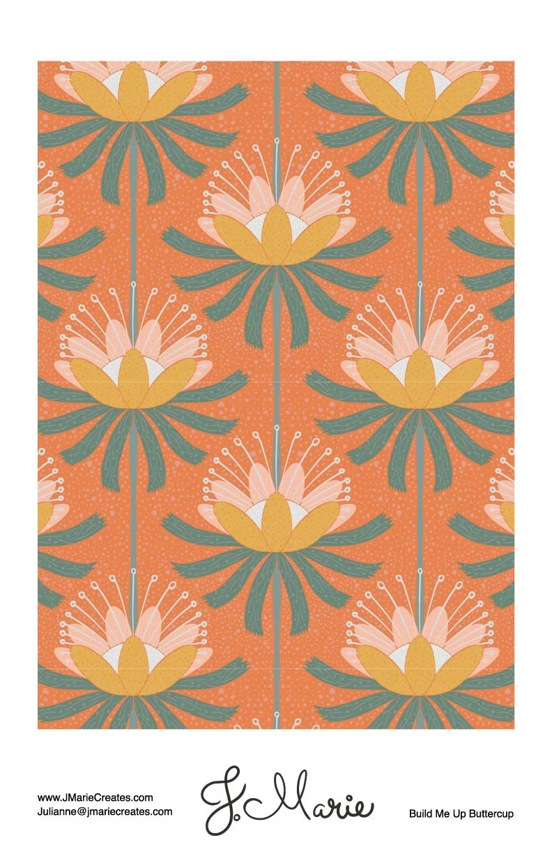 Pattern of stylized buttercups with orange background, yellow and pink petals, and teal leaves.